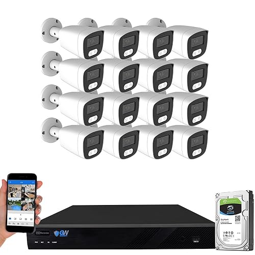 GW Security 16 Channel 12MP NVR 4K Security Camera System with 16 x 8MP PoE Spotlight Color Night Vision Outdoor/Indoor Microphone Bullet Cameras