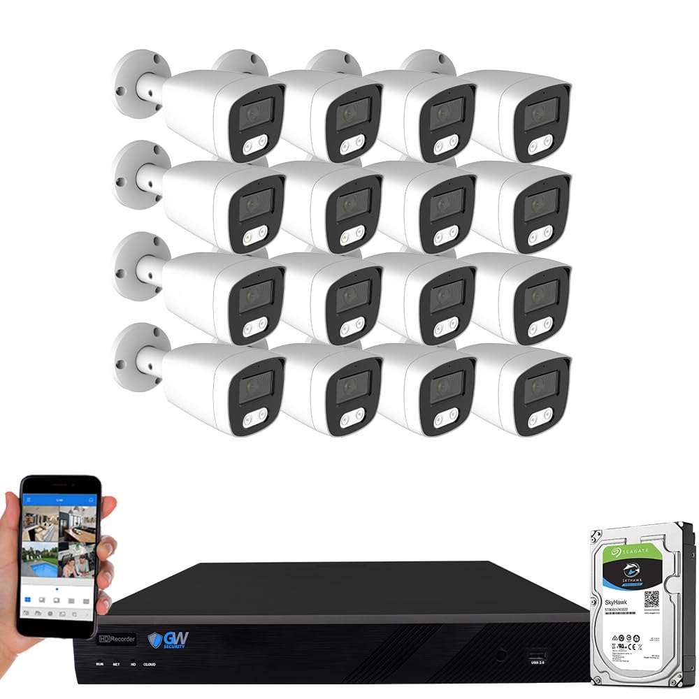 GW Security 16 Channel 12MP NVR 4K Security Camera System with 16 x 8MP PoE Spotlight Color Night Vision Outdoor/Indoor Microphone Bullet Cameras