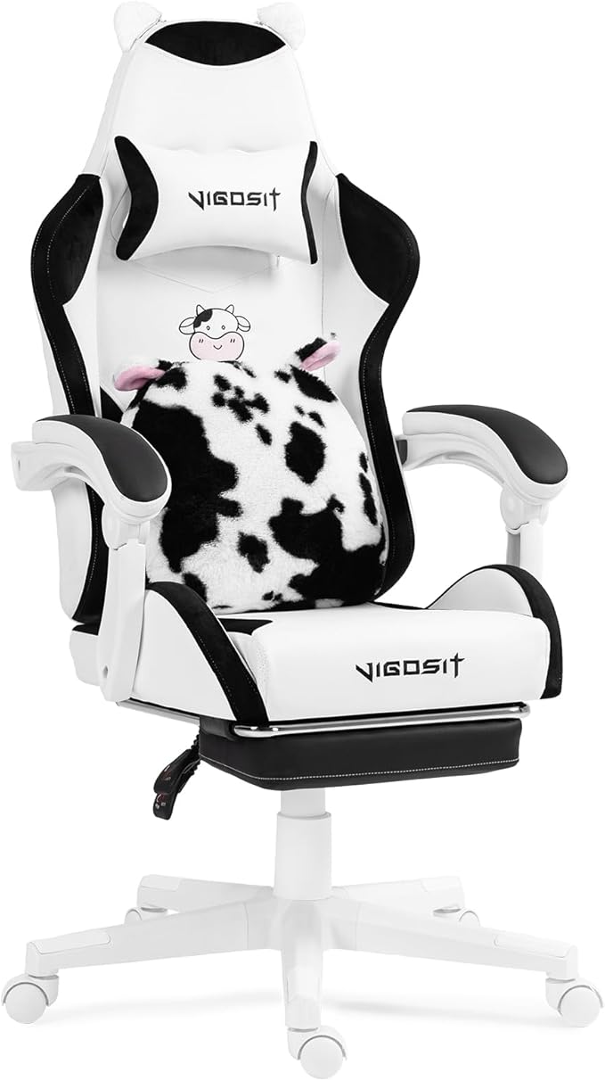 Cute Cat Gaming Chair with Paw Lumbar Cushion PC Video Gamer Chair for Girl Teen Woman (Black White)