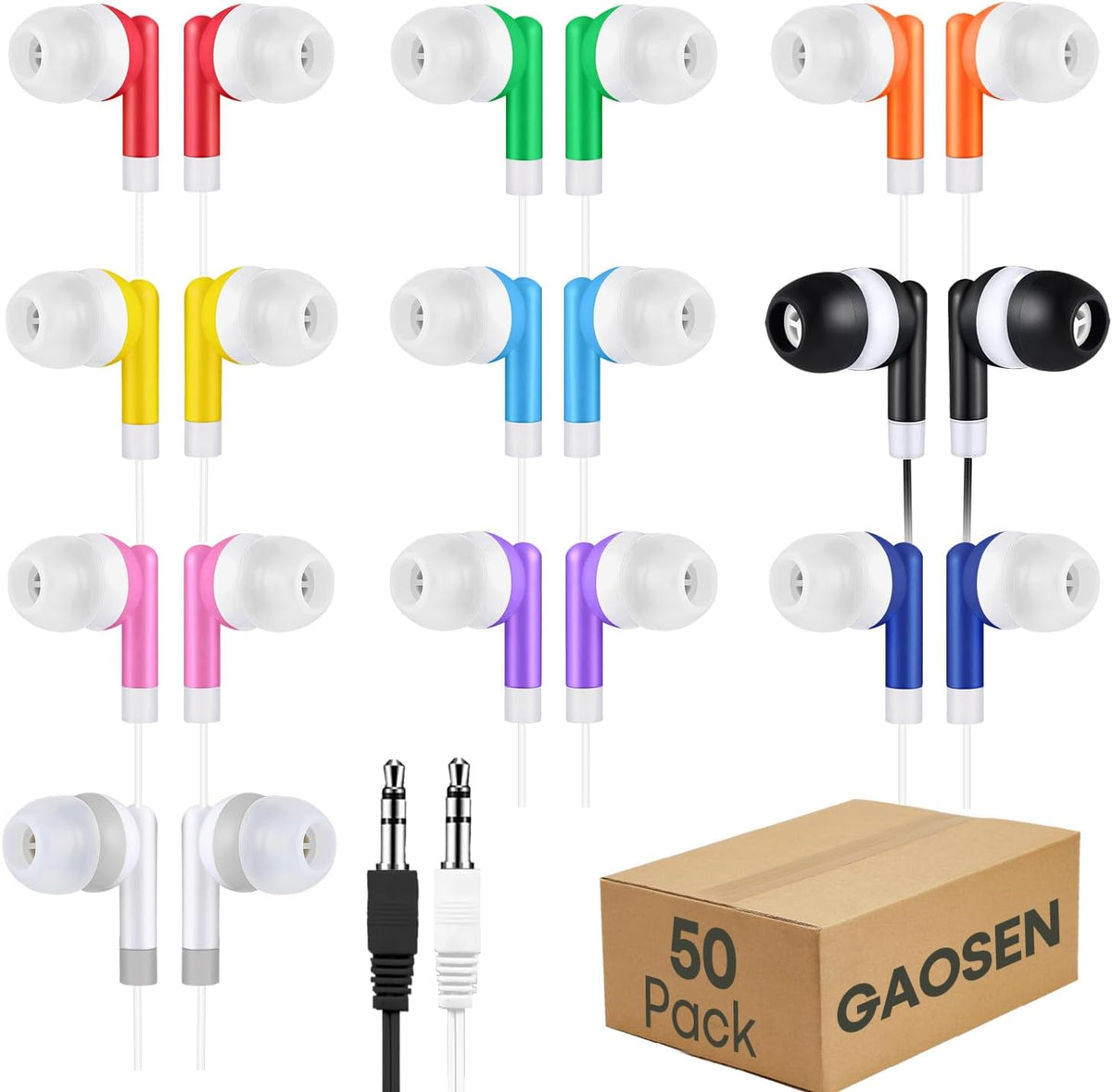 Gaosen 50 Pack 3.5 mm PC(GS01, 50 Bulk Kids Earbuds for School Classroom, Multi Colored Student Wired Headphones