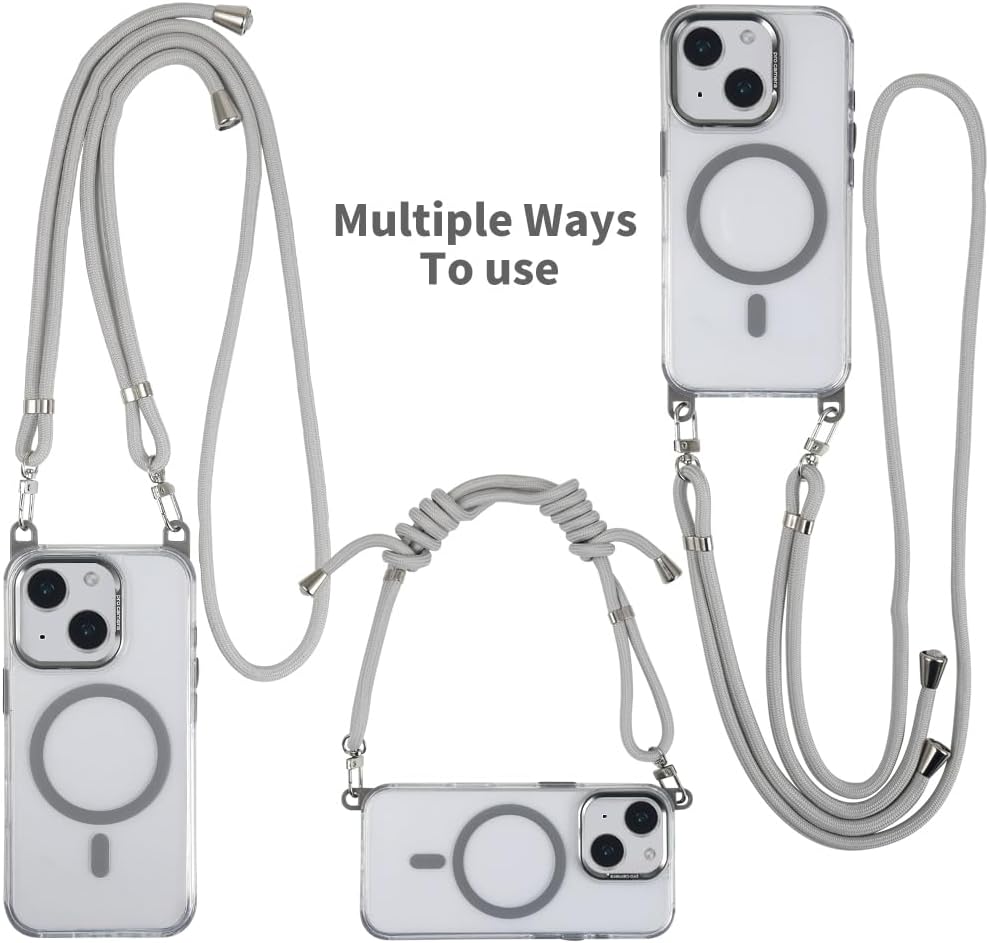 for iPhone 13/14 Case with 62.99 inch Lanyard, Classic Clear&Gray Magnetic Phone Case, Drop&Shockproof Protection Cases, Phone Lanyard for Around The Neck, Compatible with Magnet Accessory