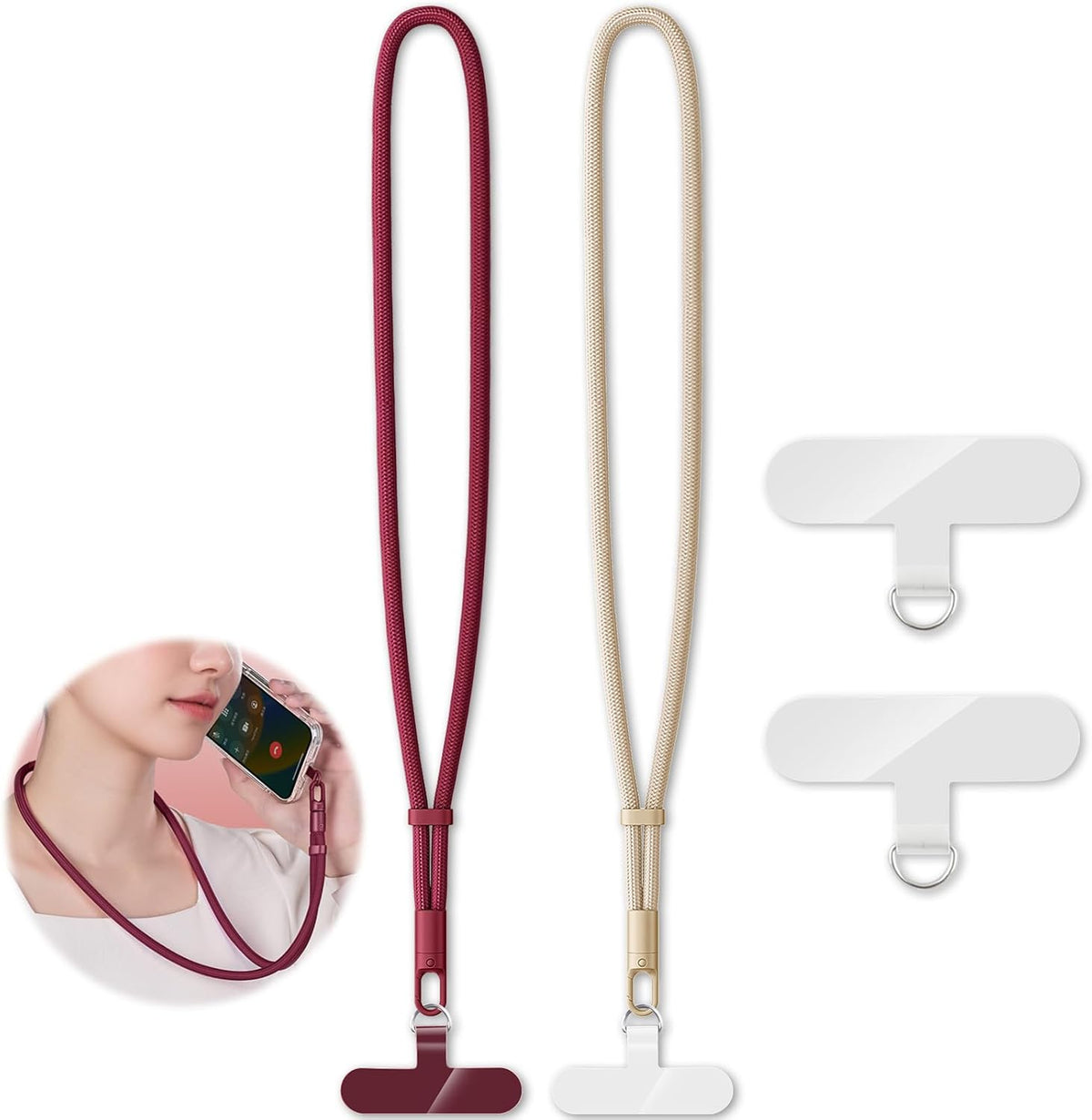 2 Pack Phone Lanyard,2×Phone Neck Strap,4×Tether Tabs,Universal Cell Phone Multifuctional Patch Polyester Lanyards,Cell Phone Lanyards for Women and Men(wine+light camel)