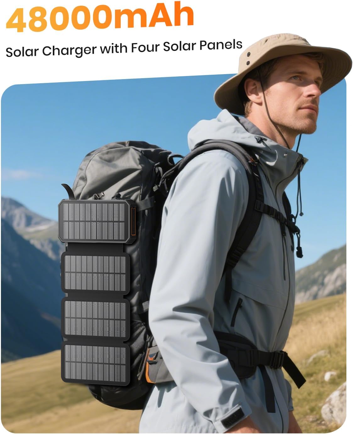 SOARAISE-Solar-Charger-Power-Bank - 48000mAh Wireless Portable Charger Built-in 4 Cables and 4 Solar Panels, PD QC 3.0 Fast Charging USB C Battery Pack with Flashlight for Camping Travel
