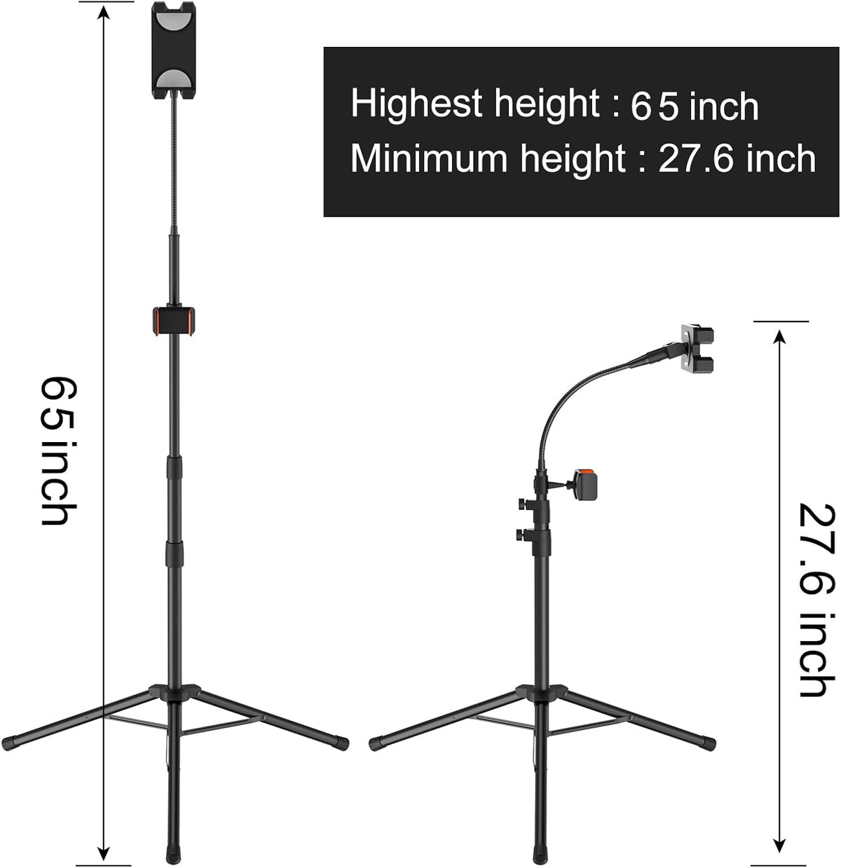 Tripod Stand for Ipad,Gooseneck 65-inch Floor Stand for Tablet,Floor Stand for iPad Tripod with 360° Rotating Mount for Mini, Air, Pro and All 4.7-11.9 Inch Tablet and Phone