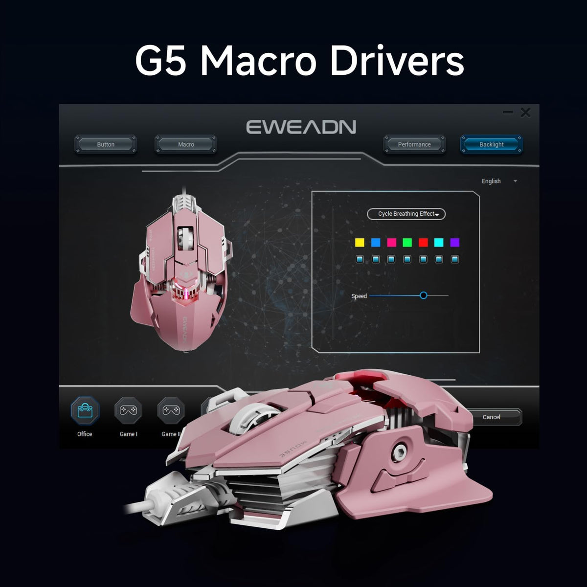EWEADN G5 Wired Gaming Mouse, Ergonomic RGB Computer Mouse, 12800 Adjustable DPI, 9 Programmable Macro Buttons with Rapid Fire Key Compatible for PC/Laptop/Windows-Pink