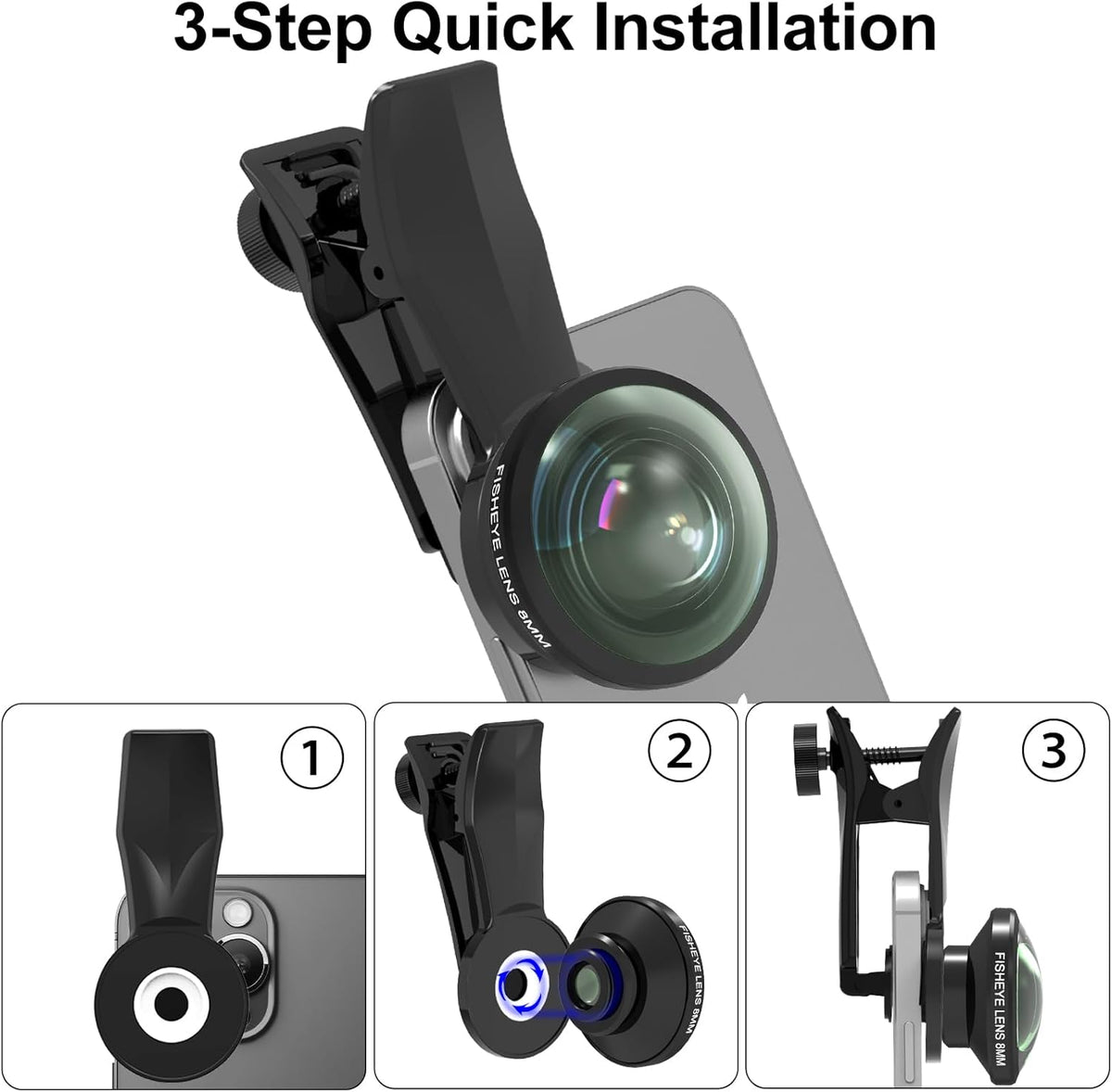 8MM 220°Fisheye Lens for iPhone Android Smartphone, Compatible with SmallRig NEEWER Phone Cage, with 17mm Thread Universal Phone Lens Clip and Black Portable Bag