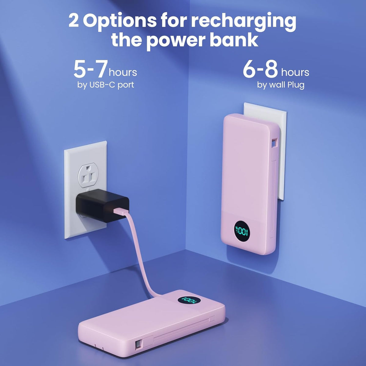 Portable Charger 33800mAh USB C Power Bank with Built-in Cables & AC Wall Plug,25W Fast Charging+QC 4.0 Phone Charger,4 Output LCD Display Battery Pack Compatible with iPhone16/15,Samsung,Android etc