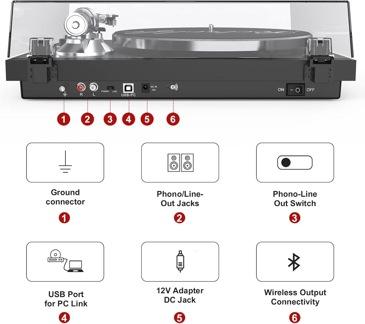 Turntables Belt-Drive Record Player with Wireless Output Connectivity, Vinyl Player Support 33&45 RPM Speed Phono Line USB Digital to PC Recording with Advanced Magnetic Cartridge&Counterweight Black