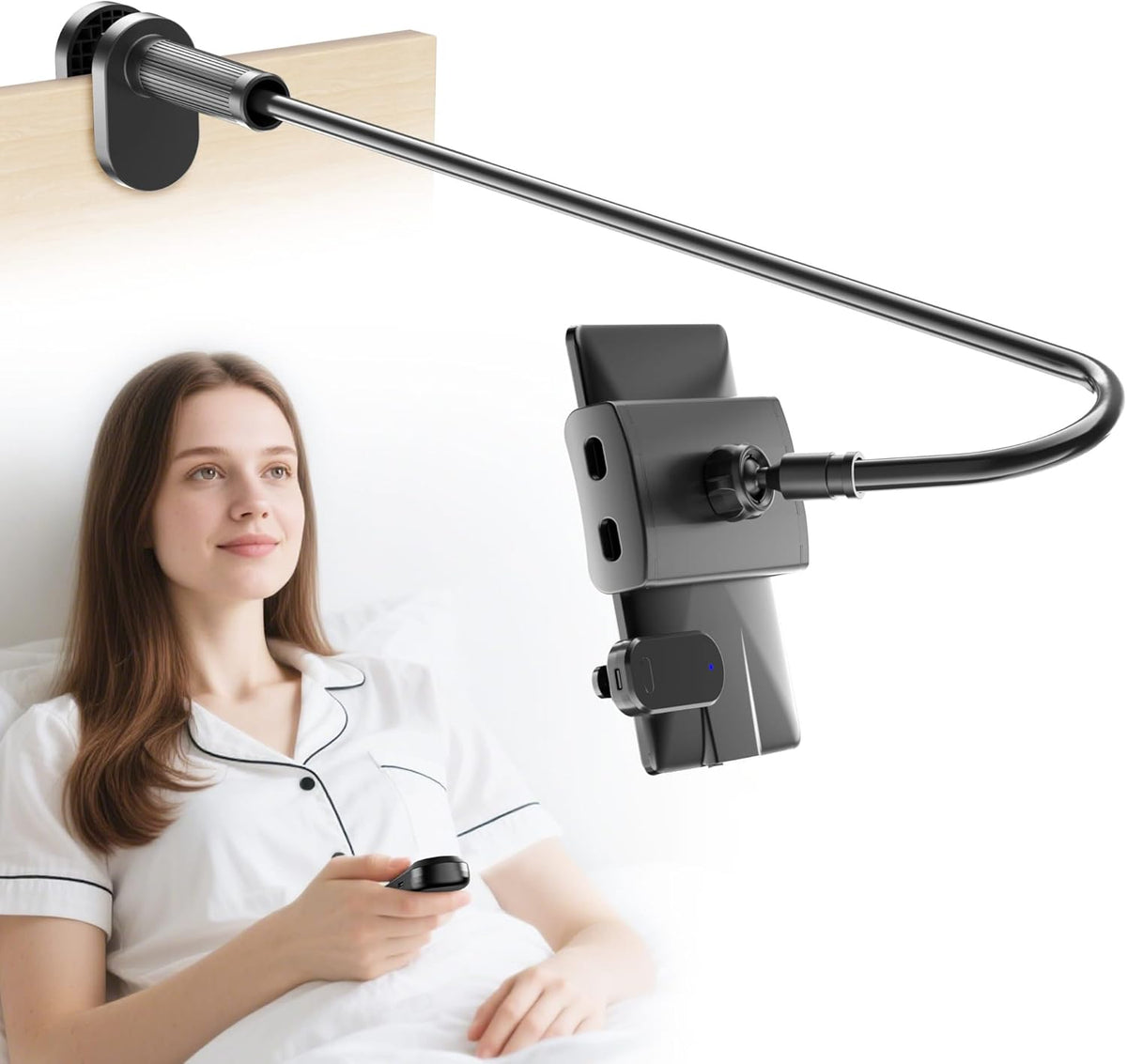 Gooseneck Tablet Holder for Kindle Reading in Bed with Page Turner Remote, Hands Free Desk Bedside Lazy Arm Stand for Kindle Accessories, Gifts for Readers