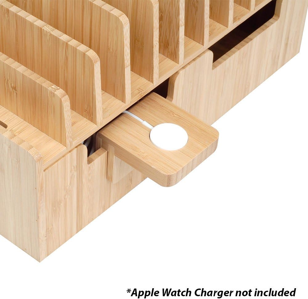 MobileVision Bamboo 10-Port Charging Station & Compatible Adapter for Apple Watch Combo for use with Watch, Smartphones & Tablets
