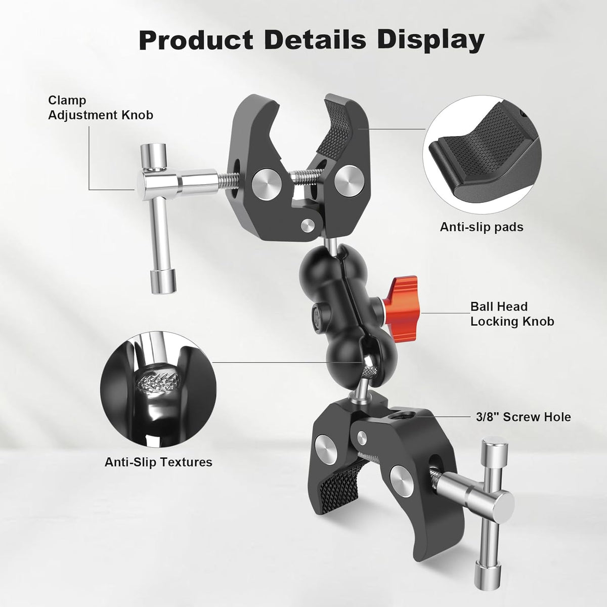 Double Super Clamp Camera Mount with Magic Arm, Aluminum Double Clamp Mount Umbrella Holder for Desk, Studio Light/Boom Stand, Photography Reflector, Cross Bars, Bike/Motor Handlebars (SY004)