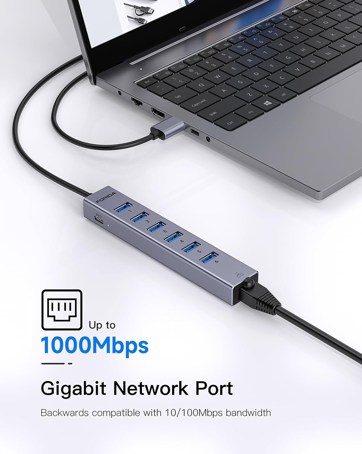 7 Port USB Hub USB Ethernet HUB with 3.9ft Long Cable for Laptop, USB Splitter with Gigabit Ethernet Port and 5V/3A Power Port, MultiPort Aluminum Expander for Laptop, iMac, PC, Flash Drives