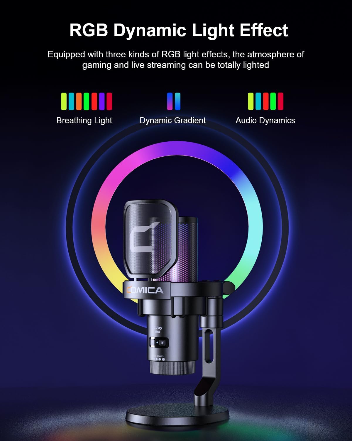 COMICA Ejoy Uni(D) USB Gaming Microphone with Noise Cancellation, RGB Lights, Monitoring, Muting, Streaming Mic for Computer, PS5, PS4, Streaming, Podcast, Chat, Twitch, YouTube, Discord