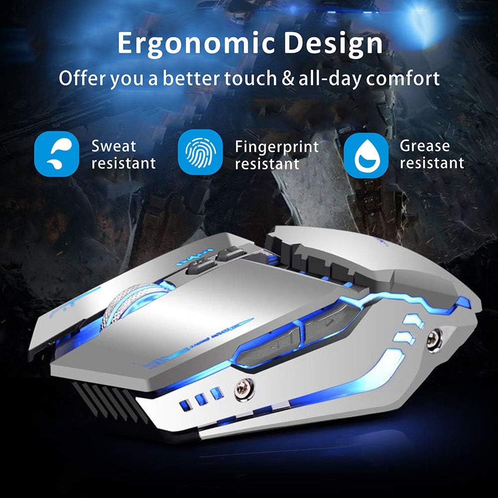 TENMOS T12 Wireless Gaming Mouse Rechargeable, 2.4G Silent Optical Wireless Computer Mice with Changeable LED Light for Laptop PC, 7 Buttons, 3 Adjustable DPI (Silver)