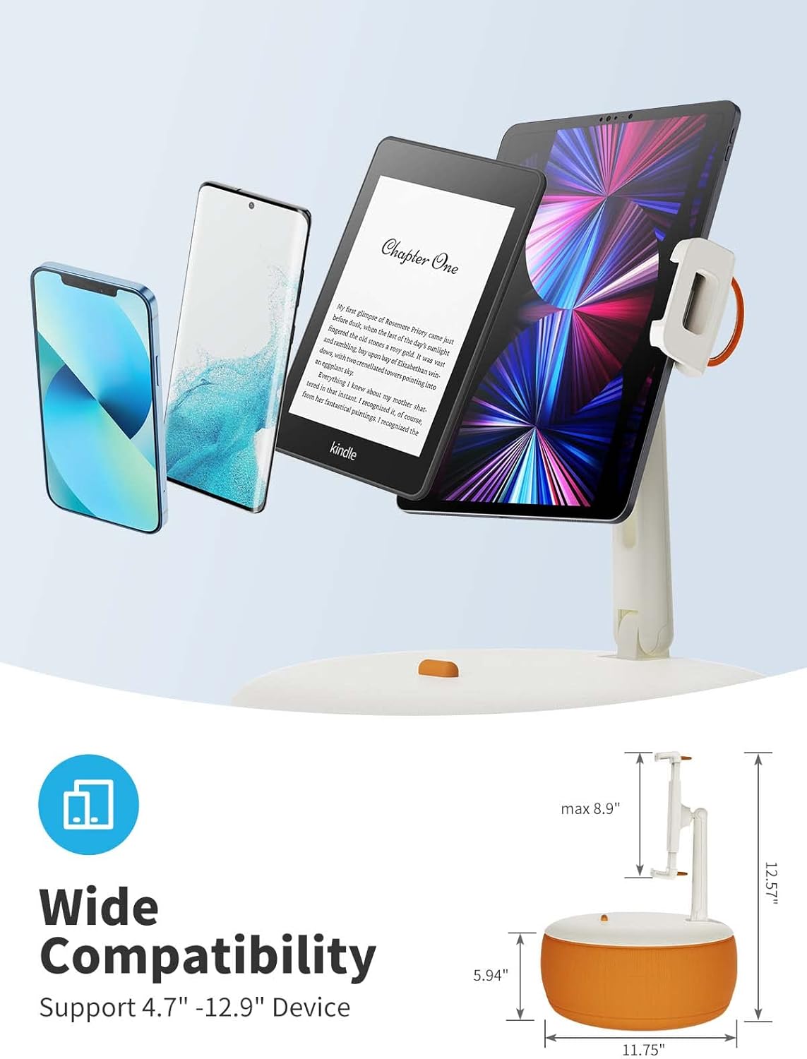 SAIJI Tablet Holder Pillow, Kindle Holder Compatible with 4.7-15.6” Kindle, Tablet, Phone, Portable Monitor, 360° Adjustable Tablet Stand for Bed with Flexible Dual Axis Arm & Microbead Cushion-Orange