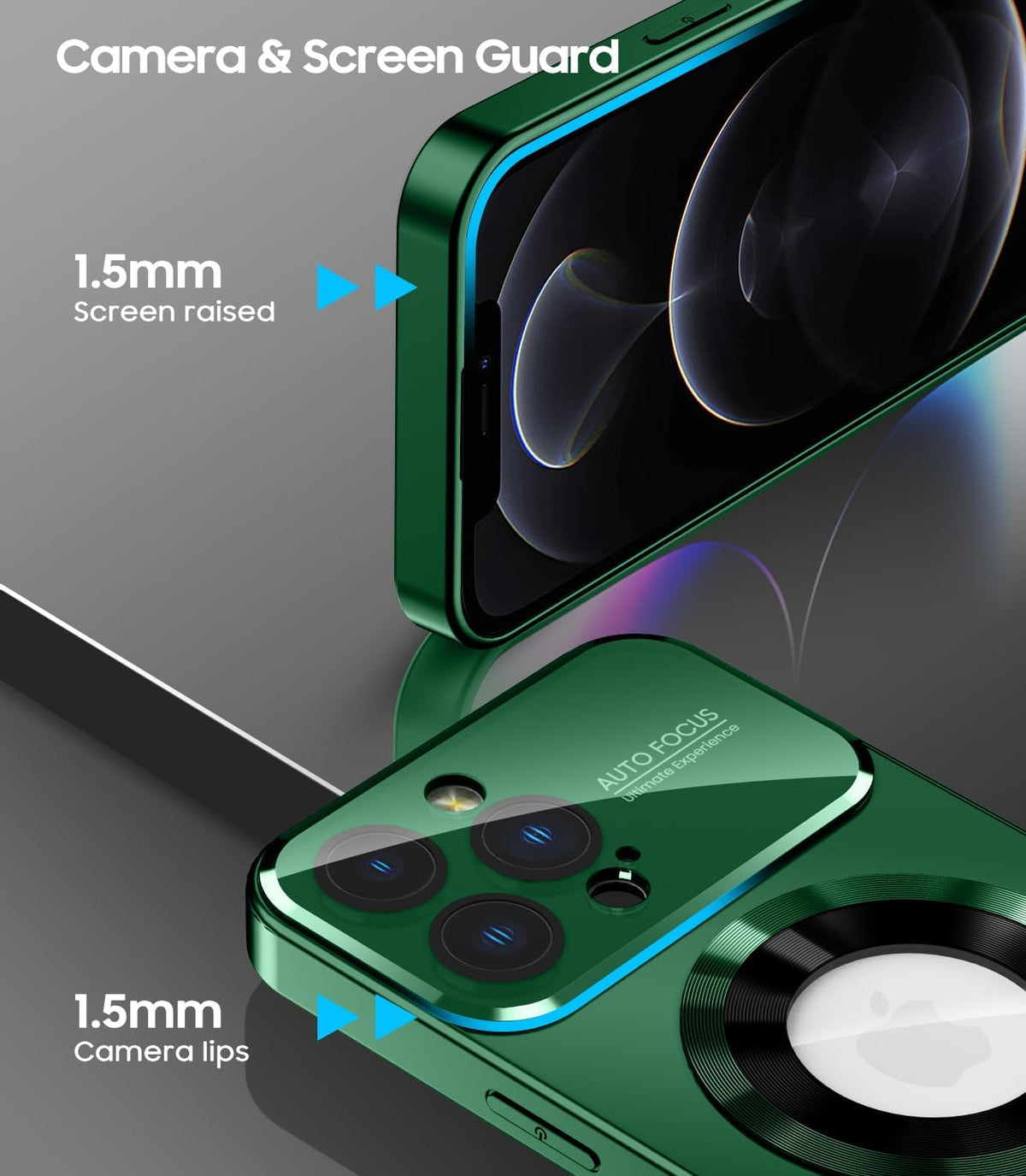 Magnetic for iPhone 12 Pro Case, Compatible with MagSafe, Built-in Camera Lens Protector, Logo View, Military Grade Drop Proof Phone Case Cover, Green