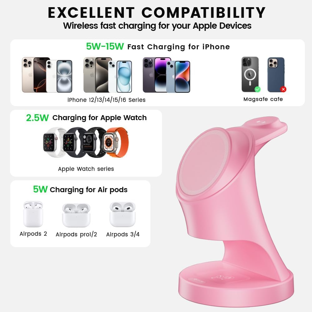 3 in 1 Wireless Charging Station for Apple Devices,Magsafe Charger Stand for IPhone16 15 14 13 12 Pro/Max/Plus/Mini Wireless Charger Station for AirPods 2/3/Pro iWatch Ultra/8/7/SE/6/5/4/3/2