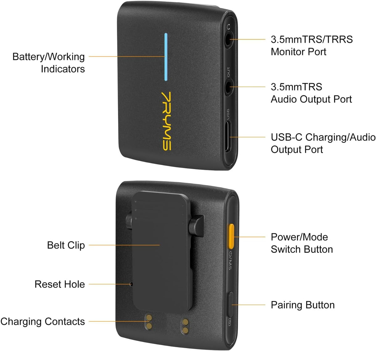 7RYMS iRay DW40 Wireless Lavalier Microphone with Four Transmitters One Charging Case Support AI Denoise, 48kHz/24bit Recording for Video Vlog, Interview, Live Streaming, Podcasting-Black
