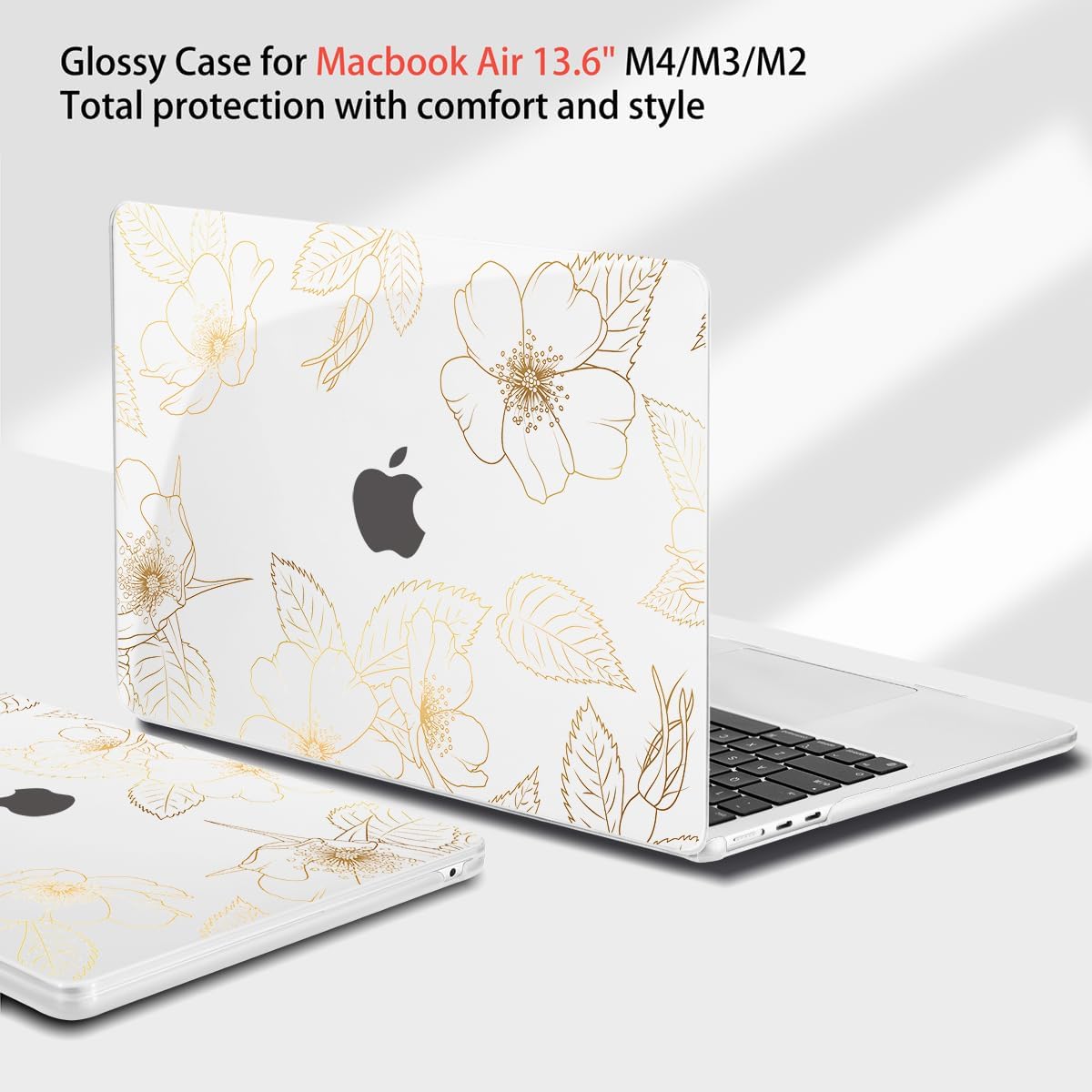 Teryeefi for MacBook Air 13.6 inch Case M4 M3 M2 2022 2023 2024 2025 Model A2681 A3113 A3240 Plastic Hard Shell Cover with Screen Protector & Keyboard Cover & USB 3.0 Adapter, Gold Flower Leaf