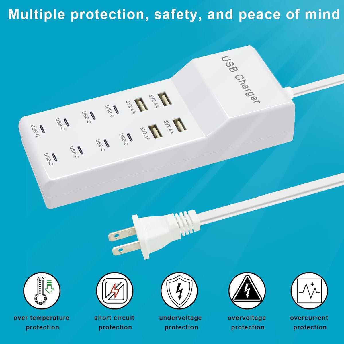 USB Charging Station with 12 Port USB Power Strip Fast Charging for Multiple Devices Compatible with Cell Phones Tablets Laptops (XHK-4U8C)