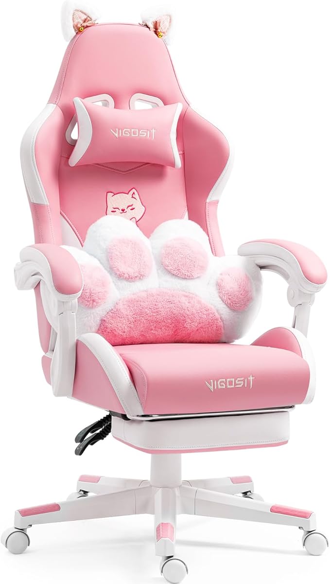 Pink Cute Cat Gaming Chair with Paw Lumbar Cushion Ergonomic High-Back Gamer Chair for Boys and Girls Adjustable PC Video Game Chair for Bedroom Study Home Office