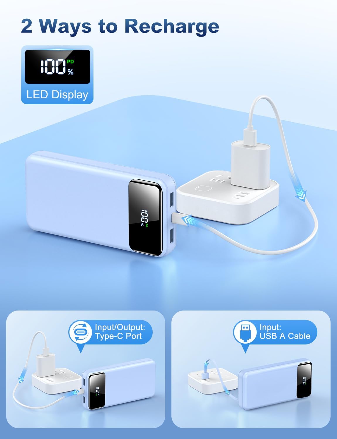 Portable Charger Power Bank 50000mAh Battery Pack, 22.5W Fast Charging PowerBank with Built in Cables,Travel Essential USB-C Portable Phone Charger for iPhone Samsung Pixel Android iPad-Blue