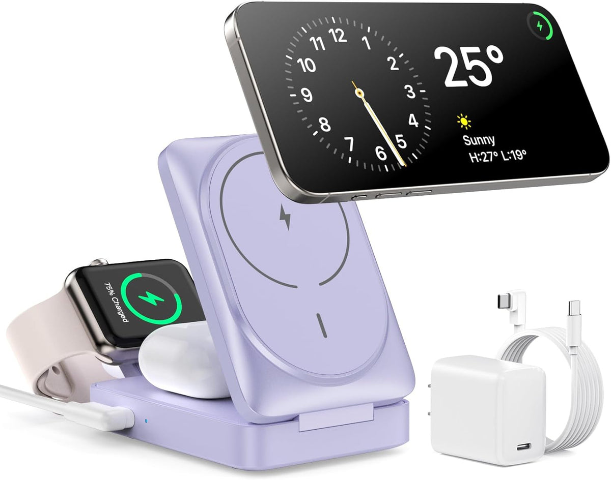 3-in-1 Wireless Charger Charging Station for iPhone, Qi2 Certified 15W Fast Charging Foldable Magnetic Charger Stand with 30W USB C Adapter for MagSafe iPhone 16/15/14/13/12, Apple Watch, AirPods