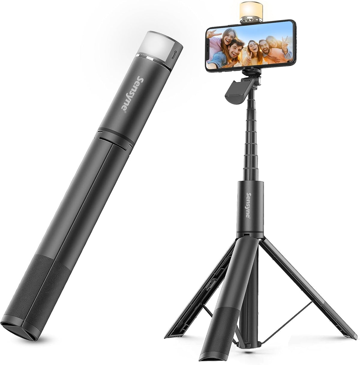 Sensyne Selfie Stick with Light, Phone Tripod with 360° Rotatable Handle Compatible with Cellphones for Selfies/Photography/Video Calls/Live Stream/Content Creating (Black)