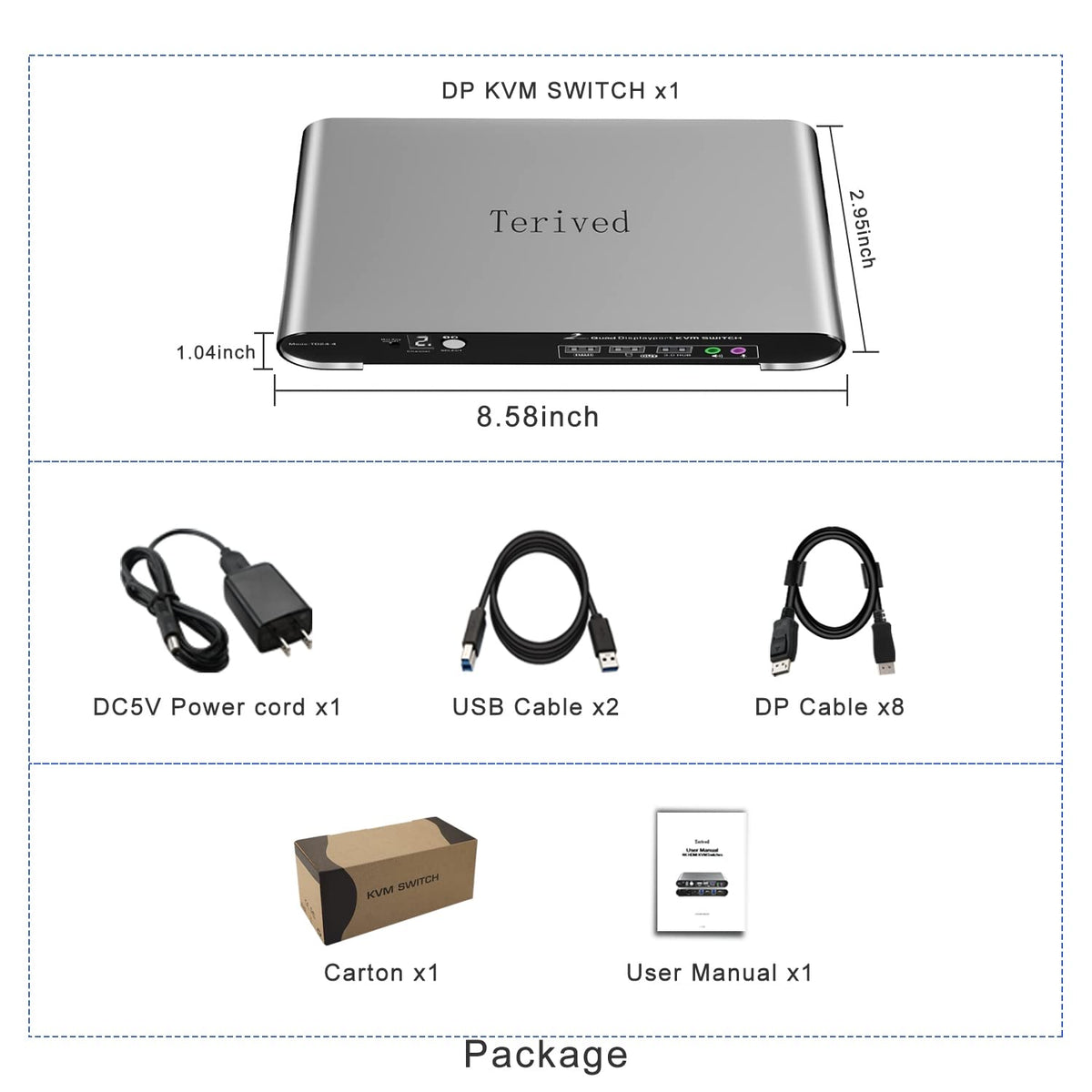2 Port DP USB 3.0 Automatic KVM Switch Quad Monitor Two Computers Four DisplayPort Monitors, 8K@30Hz 4K@144Hz, Aluminum hotkey Audio Microphone, Digital Display, HDR10 with Cables