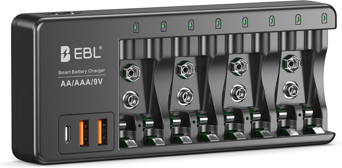 EBL 9V 9V 2 1 AA AAA Individual Battery Charger for AA AAA NiMH NiCD Rechargeable Battery, with USB-A & USB-C Charging