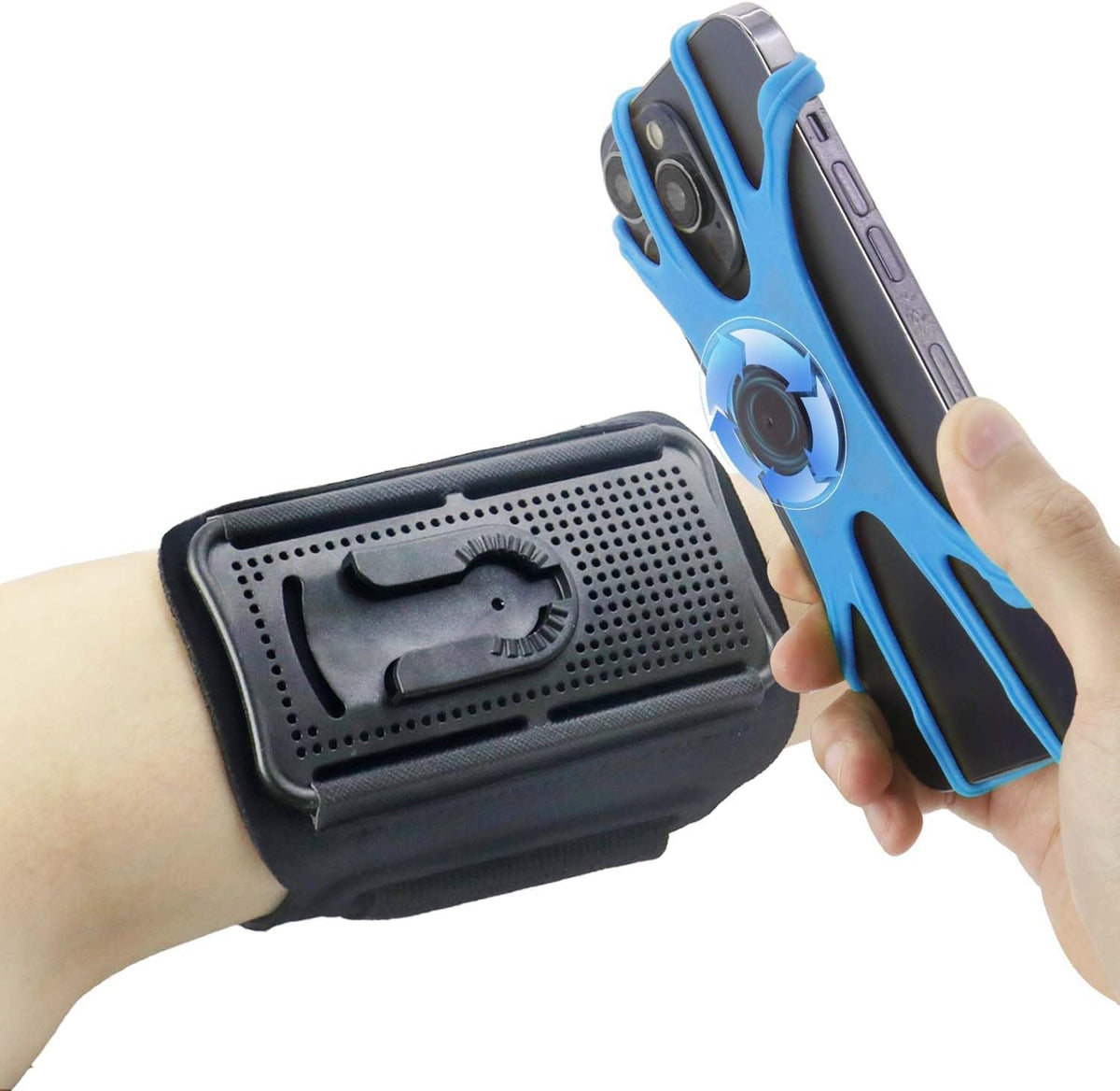 Wristband Phone Holder for Running, 360°Rotation & Detachable Sports Armband with Key Holder for iPhone 16/15/14/13/12/Pro/Pro Max/XS/XR/X/8/7/6/Plus, Fits 4.5-7 Inch Smartphones (Blue)