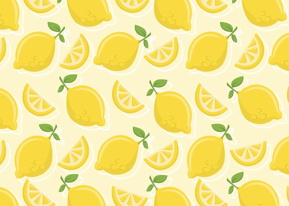 CORFOTO 9x6ft Summer Fabric Lemon Pattern Backdrop Yellow Lemons Slices Green Leaves Citrus Pattern Photography