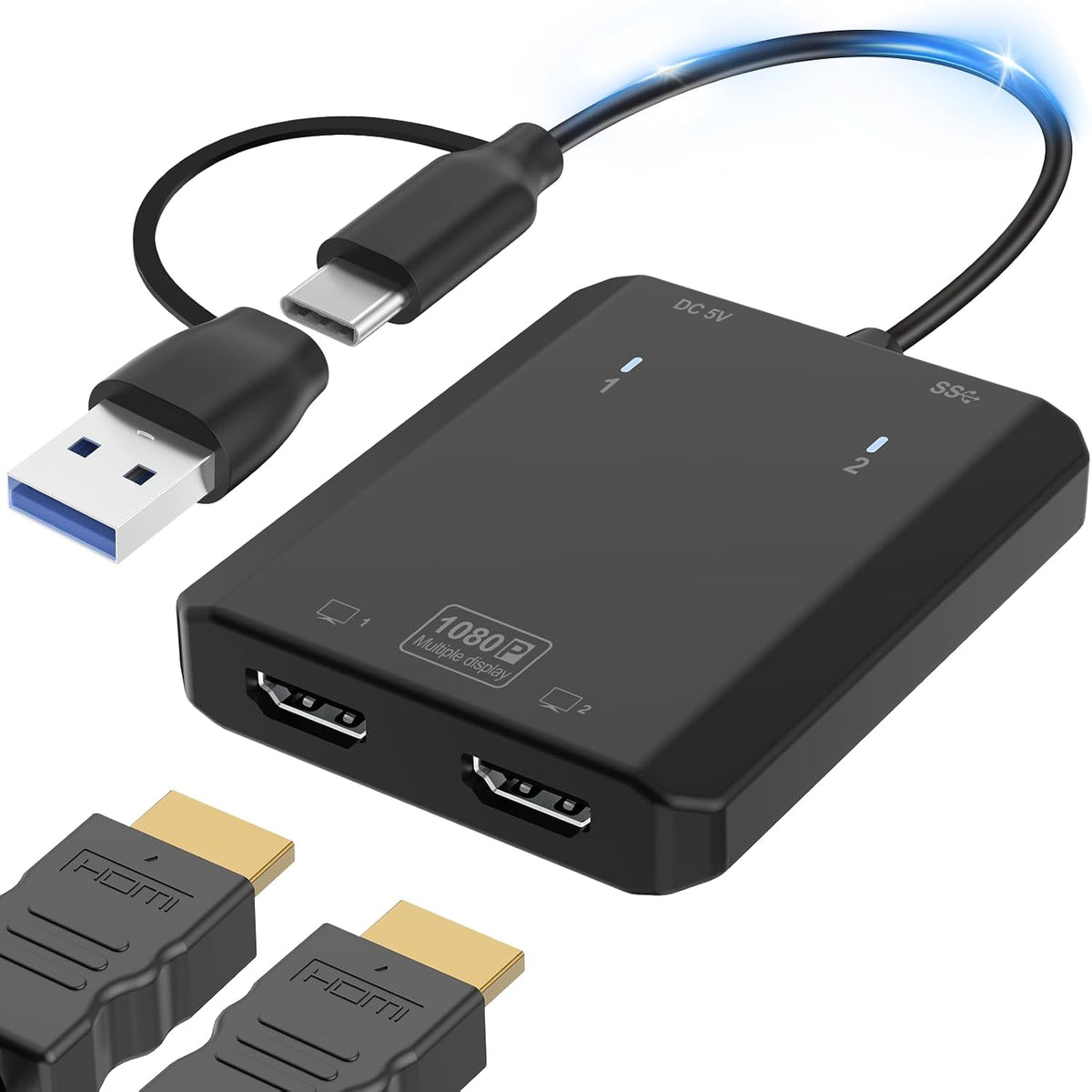 Herfair [1080P 3.0 1 2 11/10/8/7 USB to HDMI Adapter Full HD] HDMI Splitter for Dual Monitors USB to Extended Display