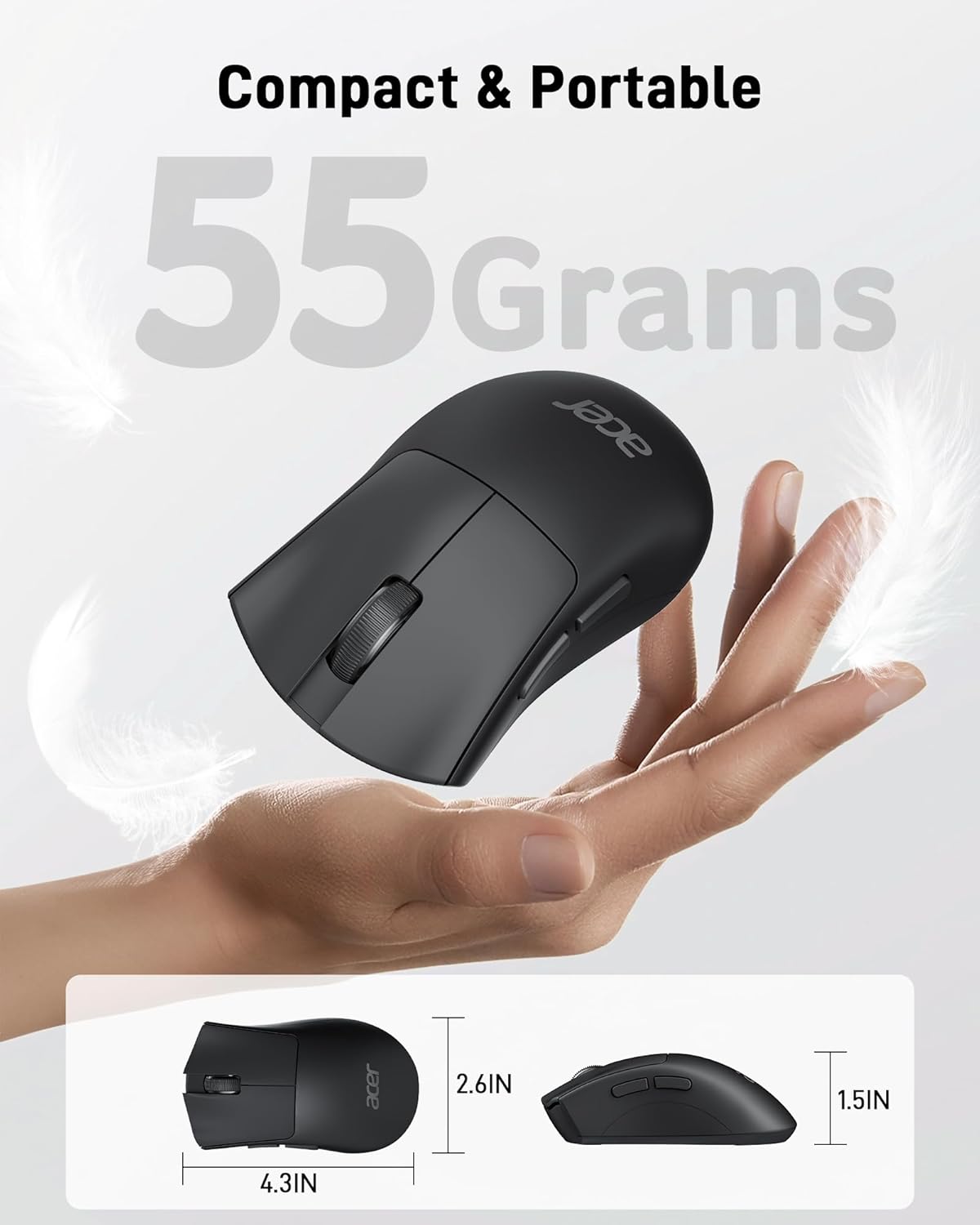 acer Wireless Mouse, 1200 DPI Computer Mouse for Laptop with 2.4GHz USB A Receiver, 5 Buttons Compatible for Windows, macOS, Android (Black)