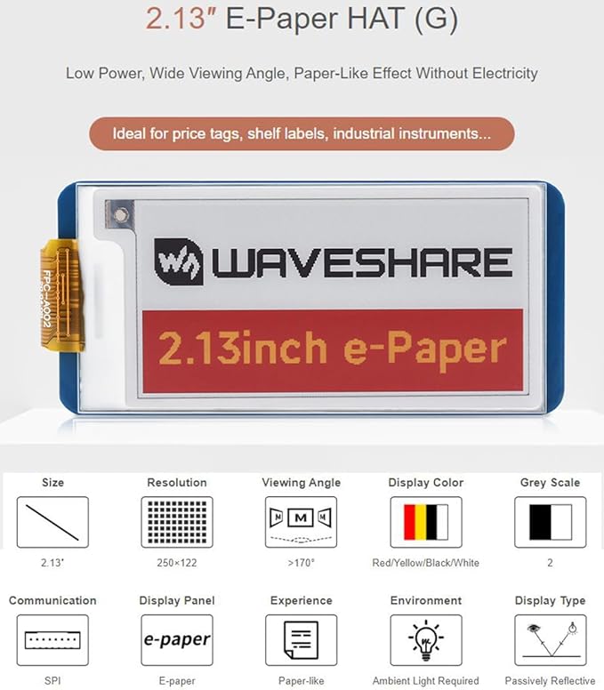 waveshare for Raspberry Pi 4B 3B+3B 2B/Zero W Zero WH/Zero 2 W 2 WH/forArduino/STM32/Jetson Nano 2.13inch E-Paper HAT 250x122 E-Ink Display Screen Red/Yellow/Black/White Four Display Colors