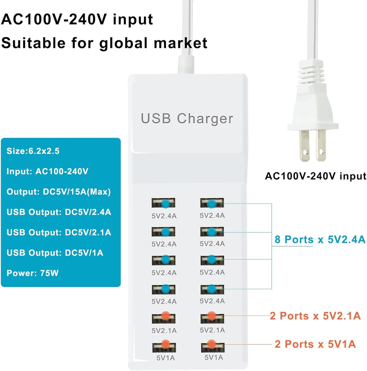 Multiple USB Charger Station 12 multiport Charger Station Hub with Fast Charging Wall Charger for Multiple Devices USB Charging Port Compatible with Cell iPhone Android Smartphone Smart Watch