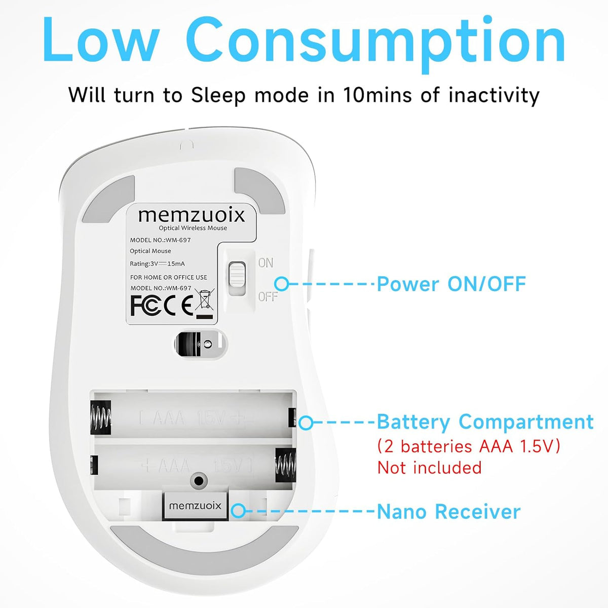 memzuoix 2.4G Wireless Mouse, 1400 DPI Computer Mice with USB Receiver, Portable Wireless USB Mouse Battery Powered Cordless Mice for Laptop, PC, Desktop, 5 Buttons (White)