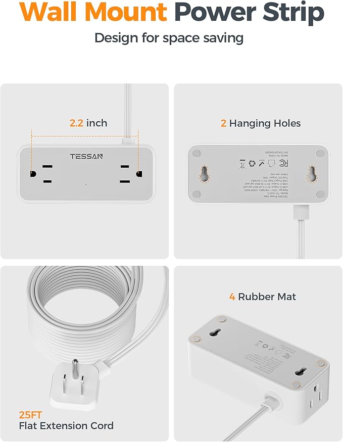 TESSAN Extension Cord 25 FT, Power Strip with 900J Surge Protection, Grey