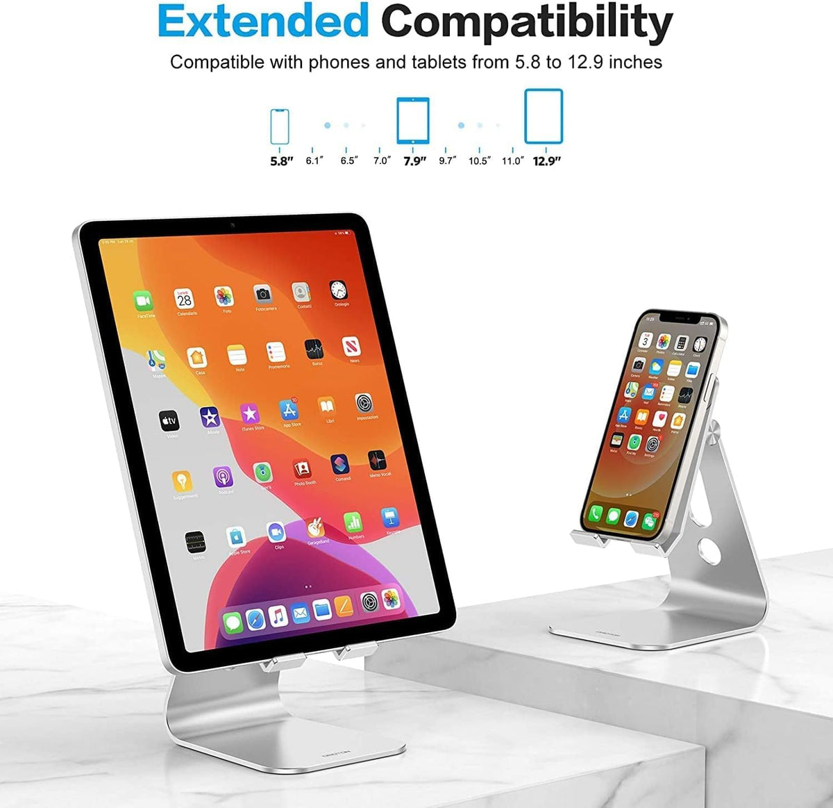 OMOTON Adjustable Tablet Stand for Desk, Upgraded Longer Arms for Greater Stability, T2 Tablet Holder with Hollow Design for Bigger Sized Phones and Tablets Such as iPad Pro/Air/Mini, Silver