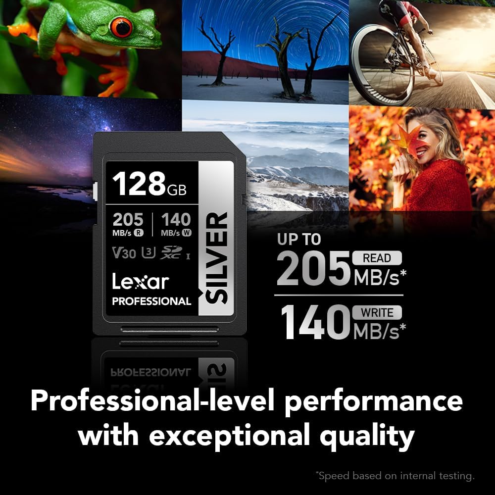 Lexar 128GB Professional Silver SD Card, UHS-I, C10, U3, V30, 4K, Up to 205/140 MB/s SDXC Memory Card, for Professional Photographer, Videographer, Enthusiast (LSDSILV128G-BNNNU)