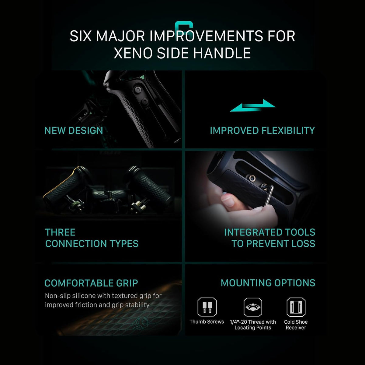 Tilta Xeno Side Handle for Filmmakers & Cameras - Titanium Gray | Secure Connection & Helps Prevent Rotation | Adjustable Height | Textured Silicone Grip | Convenient Assembly (Dual 1/4″-20)