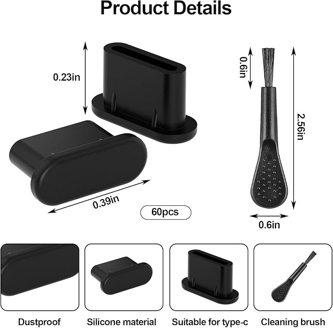 USB C Dust Plugs [60-Pack] -Anti Dust Plug Cover Charging Silicone Port Covers with Cleaning Brush Universal Type-C Protector for All USB C Devices