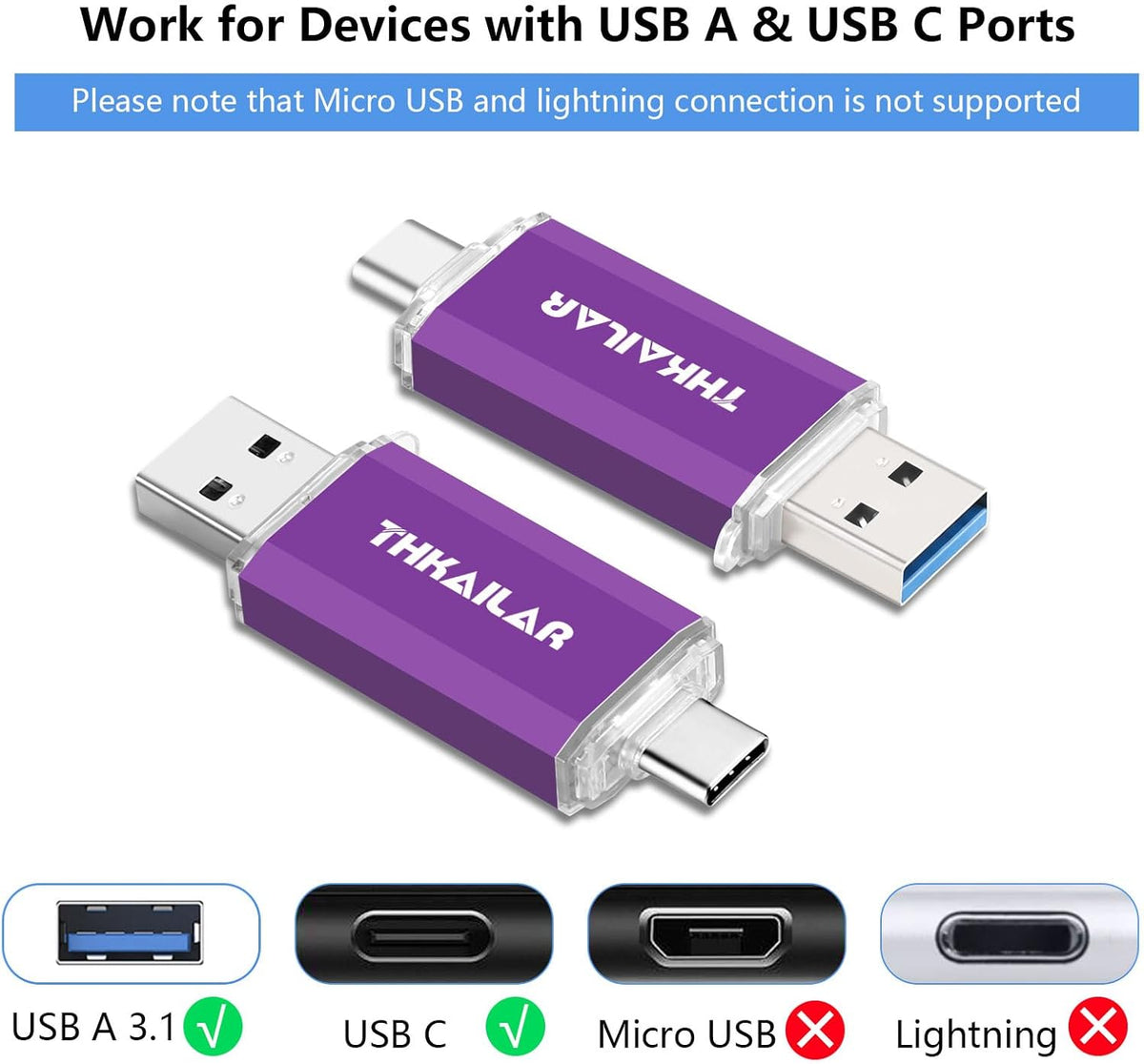 Thkailar 128GB USB C Flash Drive 3.1,USB C Thumb Drive 3.0 Up to 150MB/s Read USB Drive for iPhone 15,Android Phones,PC,MacBook,Laptop(Purple)
