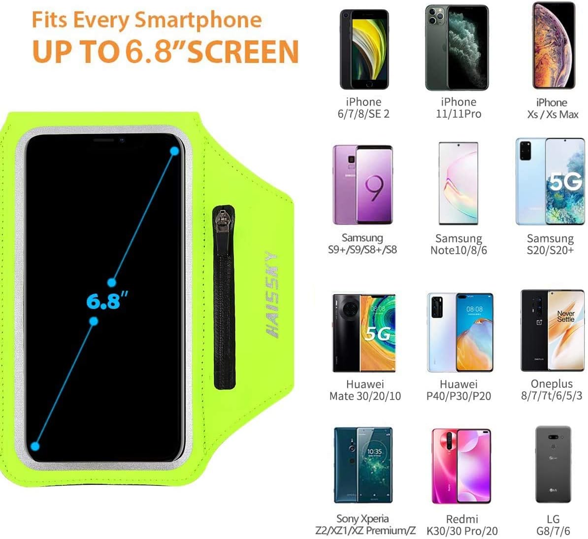 Cell Phone Running Armband with Zipper Pocket Armband Case Running Holder for iPhone 16 Pro Max/15/14 Pro Max/13/12 /11 Pro Max/XS/XR,Galaxy S20 S10,Sweatproof Arm Band with Card/Key Bag