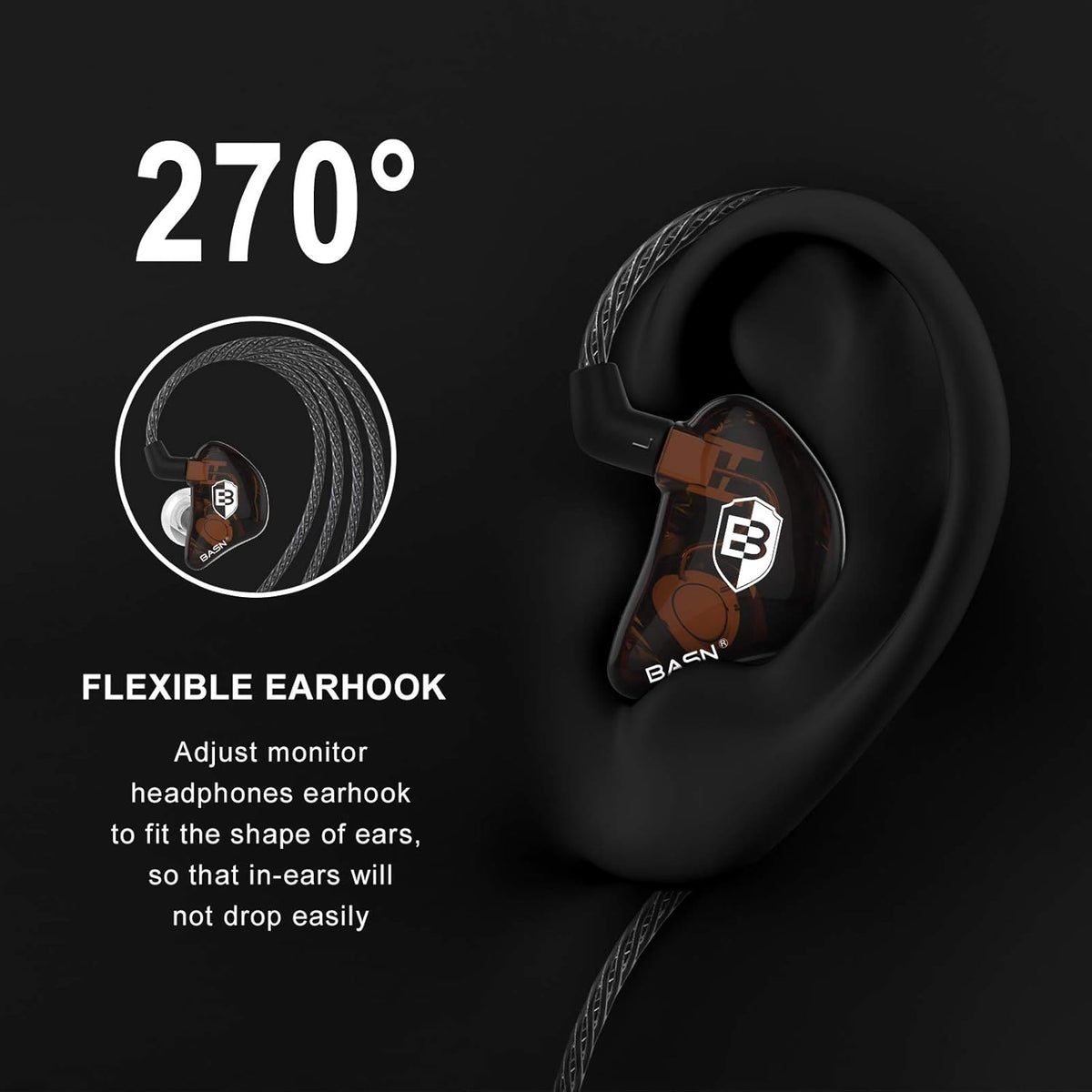 BASN Bsinger PRO in-Ear Monitors Hybrid Dynamic Dual Drivers Two Detachable MMCX Cables Musicians in-Ear Earbuds Headphones (Brown)
