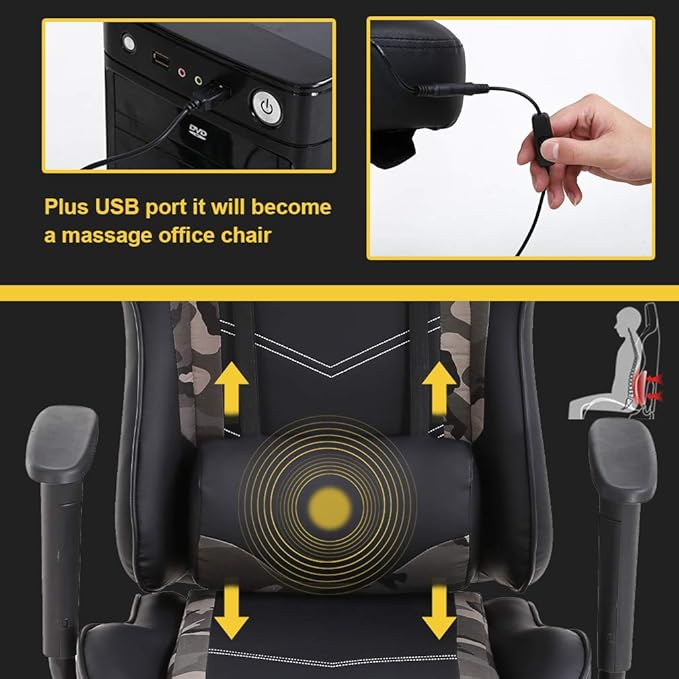 Gaming Chair Video Game Chair with Lumbar Support and Footrest Height Adjustable Ergonomic Computer Gaming Chair with 360° Swivel Seat and Headrest and for Office or Gaming (Camo)