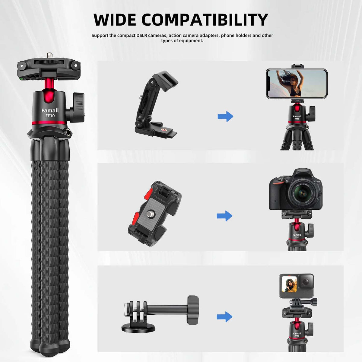 Famall Flexible Phone Tripod for GoPro, Mini Camera Stand with Remote, 1/4'' Screw with Phone Holder&Cold Shoe, Tripod Holder for iPhone Samsung Canon Nikon Sony Streaming Vlog Smartphone