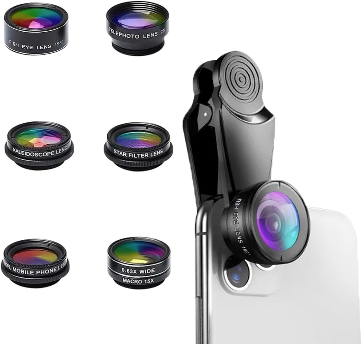 Universal 7-in-1 Mobile Phone Camera Lens Kit, Funny Cell Phone Lens for iPhone, for Samsung, for Android Smartphone, Universal Clip on Wide Angle+Macro+ Fish Eye Camera Lenses attachments Accessory