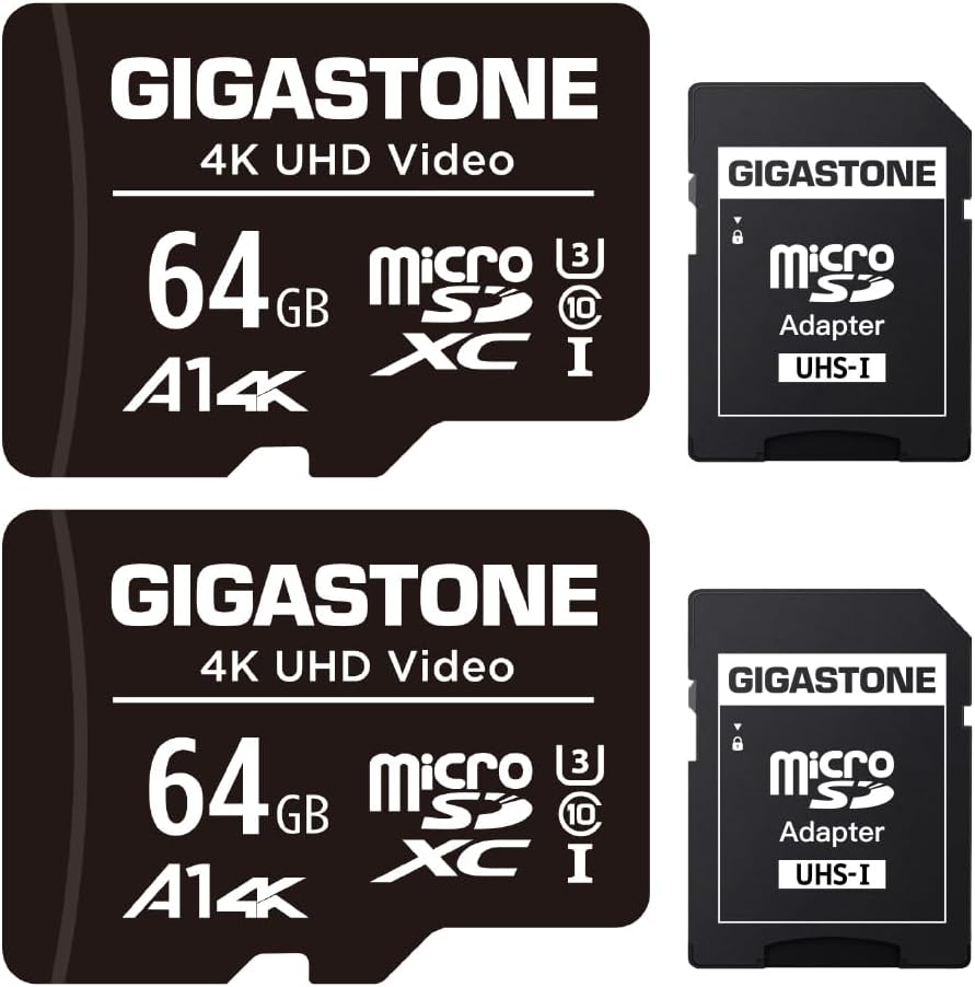 GIGASTONE 64GB Micro SD Card 2-Pack, A1 V30 4K Video Recording, Surveillance Security Cam Action Camera Drone Professional, 90MB/s Micro SDXC UHS-I U3 Class 10