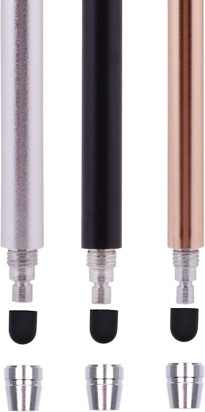 The Friendly Swede Stylus Pen for Touchscreen — 3-Pack 5.5" High Precision Stylus Pen with Replaceable Thin Tips, Elastic Lanyards & Screen Cleaning Cloth - Gold/Silver/Black